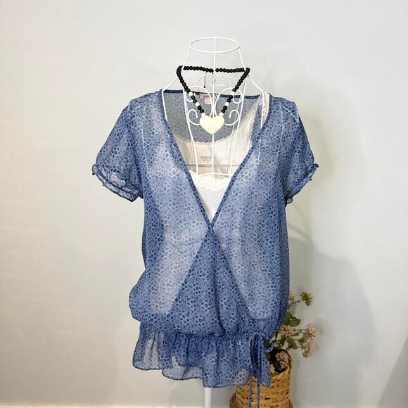 Y2K vintage blue sheer layering babydoll wrap top - Picture 2 of 6